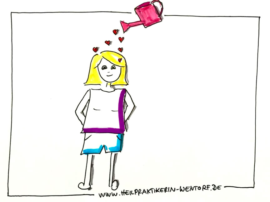 gemalte Frau wird mittels einer Gießkanne mit Herzen übergossen