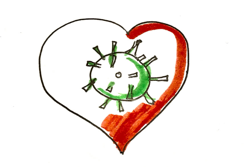 Herz mit einem stilisierten Coronavirus