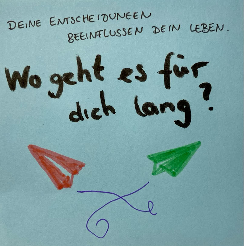 Zwei Papierflieger fliegen in verschieden Richtungen. Text: Deine Entscheidungen beeinflussen dein Leben. 